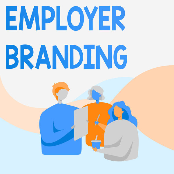 Написание отображения текста Брендинг работодателя. Бизнес-концепция процесса артикуляции вашей компании является уникальным сообщением Коллеги, стоящие разговаривая друг с другом держатель бумажной ручки Кубок.