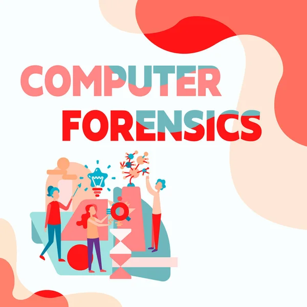 Inspiration showing sign Computer Forensics. Business approach the investigative analysis techniques on computers Three Collagues Illustration Practicing Hand Crafts Together.