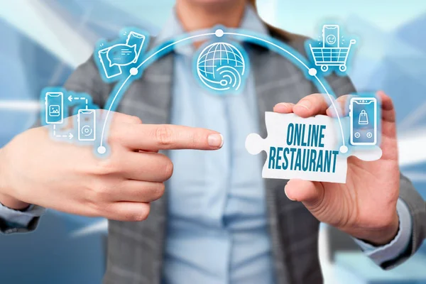 Text sign showing Online Restaurant. Business showcase internet that connects the restaurant or the food company Business Woman Pointing Jigsaw Puzzle Piece Unlocking New Futuristic Tech. — Stock Photo, Image