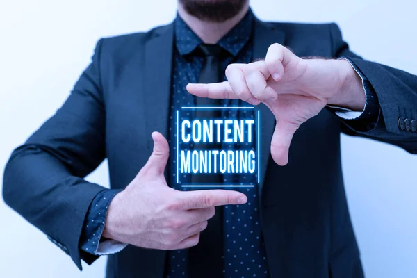 Textzeichen, das Content Monitoring zeigt. Word for a tool to identify mentions of their organisation Presenting New Plans And Ideas Demonstrating Planning Process — Stockfoto