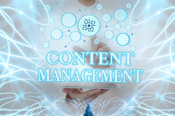 stock image Sign displaying Content Management. Word for programs used to create and manage digital content Lady Holding Tablet Pressing On Virtual Button Showing Futuristic Tech.