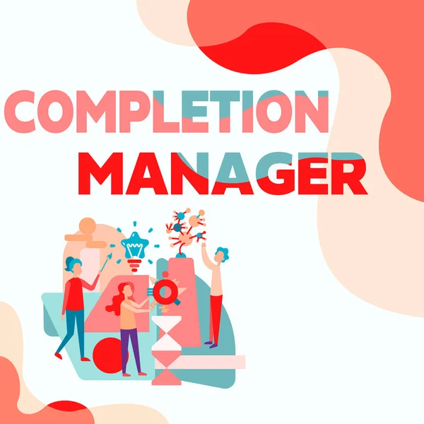 Text sign showing Completion Manager. Word for oversees all aspects of plan management to met goals Three Collagues Illustration Practicing Hand Crafts Together. — Foto de Stock