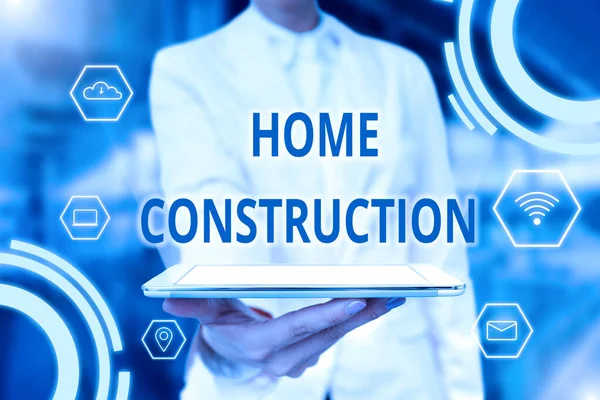 Text caption presenting Home Construction. Business showcase the process of constructing a living accommodation Lady Uniform Standing Tablet Hand Presenting Virtual Modern Technology —  Fotos de Stock