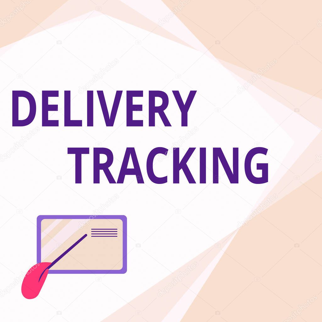 Writing displaying text Delivery Tracking. Business idea the process of localizing shipping containers and mails Card Drawing With Hand Pointing Stick At Small Details.