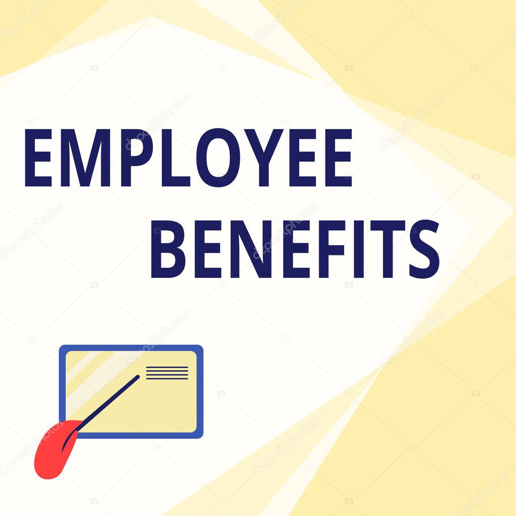 Conceptual caption Employee Benefits. Word Written on payments made to employees beyond the scope of wages Card Drawing With Hand Pointing Stick At Small Details.