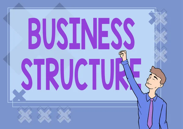 Schrijven met tekst Business Structure. Zakelijke aanpak Organisatie kader dat wettelijk is erkend Happy Man Illustratie Staande Infront Board Raising Hands For Sucess. — Stockfoto