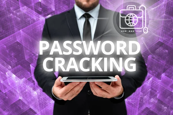 Texto de caligrafia Password Cracking. Business showcase medidas usadas para descobrir senhas de computador de dados Man In Office Uniform Holding Tablet Exibindo Nova Tecnologia Moderna. — Fotografia de Stock