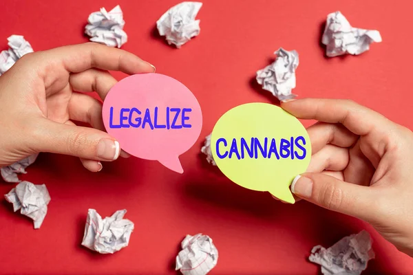 Expositor conceptual Legalize Cannabis. Concepto que significa ley que legalizó el consumo recreativo de cannabis en todo el país. Problemas y soluciones que plantean preguntas relevantes —  Fotos de Stock