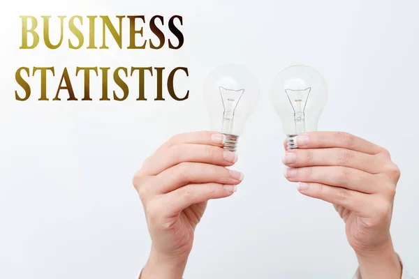 Text showing inspiration Business Statistic. Business concept science of accurate and very quick decision makings two Hands holding lamp showing or presenting new technology ideas — Stock Photo, Image