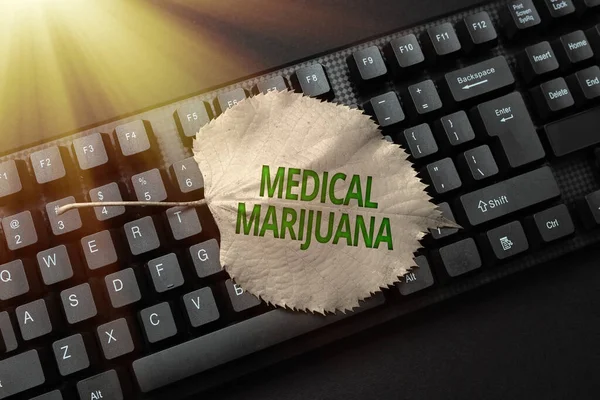 Sign displaying Medical Marijuana. Business overview recommended by examining as treatment of a medical condition Composing New Email Message, Researching Internet For Informations