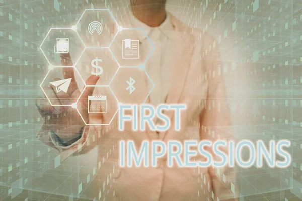 Text sign showing First Impressions. Internet Concept first consideration or judgment towards a person Lady In Uniform Holding Tablet In Hand Virtually Tapping Futuristic Tech.