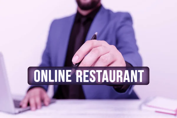 Légende conceptuelle Restaurant en ligne. Approche d'affaires Internet qui relie le restaurant ou l'entreprise alimentaire Remote Office Work Online Présentation de plans d'affaires Designs — Photo