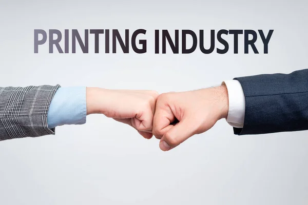 Sign displaying Printing Industry. Business concept industry involved in production of printed matter Two Professional Well-Dressed Corporate Businessmen Handshake Indoors — Stock Photo, Image