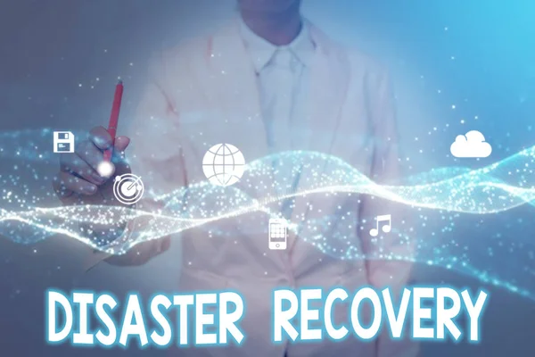 Hand writing sign Disaster Recovery. Internet Concept helping showing affected by a serious damaging event Lady In Uniform Holding Tablet In Hand Virtually Tapping Futuristic Tech. — Stock Photo, Image