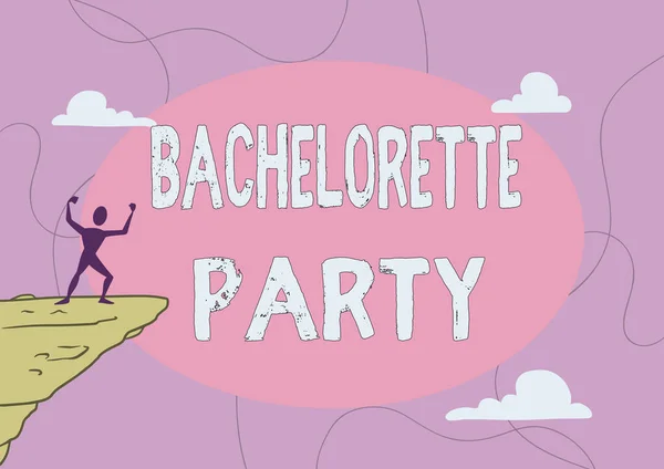 Texto de escritura Bachelorette Party. Concepto de negocio una fiesta dada para un que está a punto de casarse Athletic Man ilustración Montaña Orgulloso de escalar el éxito a las nubes cielo. — Foto de Stock