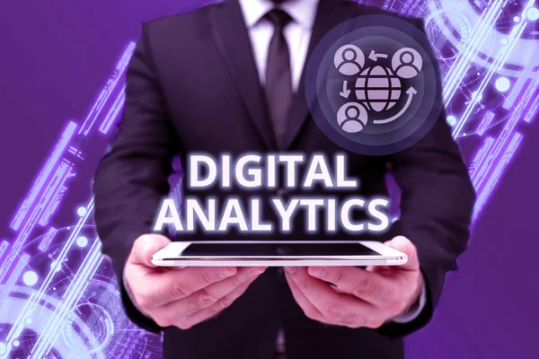 Text showing inspiration Digital Analytics. Conceptual photo the analysis of qualitative and quantitative data Man In Office Uniform Holding Tablet Displaying New Modern Technology. — Stock Photo, Image