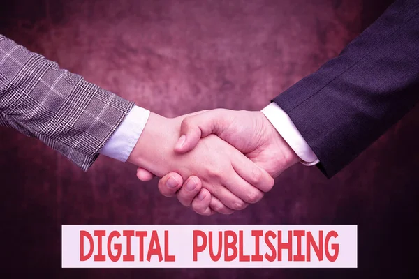 Text showing inspiration Digital Publishing. Word for content that distributed digitally over the Internet Two Professional Well-Dressed Corporate Businessmen Handshake Indoors — Stock Photo, Image