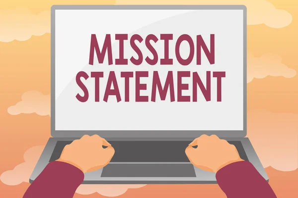 Schrijven met tekst Mission Statement. Zakelijk idee formele samenvatting van de doelstellingen en waarden van een bedrijf Editing And Formatting Online Articles, Typing Creative Reading Contents — Stockfoto