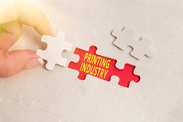 Inspiration showing sign Printing Industry. Word Written on industry involved in production of printed matter Building An Unfinished White Jigsaw Pattern Puzzle With Missing Last Piece — Stock Photo, Image