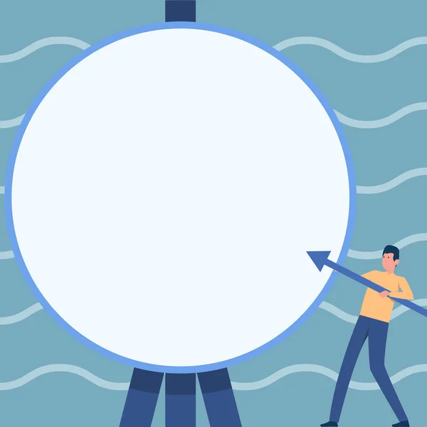 Man Drawing Standing Holding Large Arrow Pointing Towards Big Circular Target On Tripod. Gentleman Design Carrying Large Bolt Points To Large Round Thing. — Vector de stock