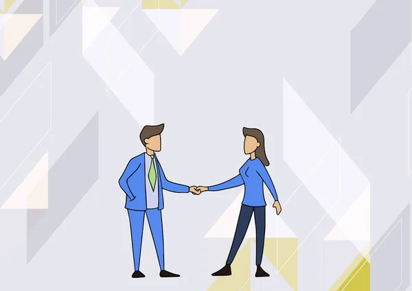 Férfiak és nők rajzolnak egymással szemben, egymás felé tartva a kezüket. Üzletasszony és üzletember Design Hand Hold Looking Forward Bemutató megállapodás. — Stock Vector
