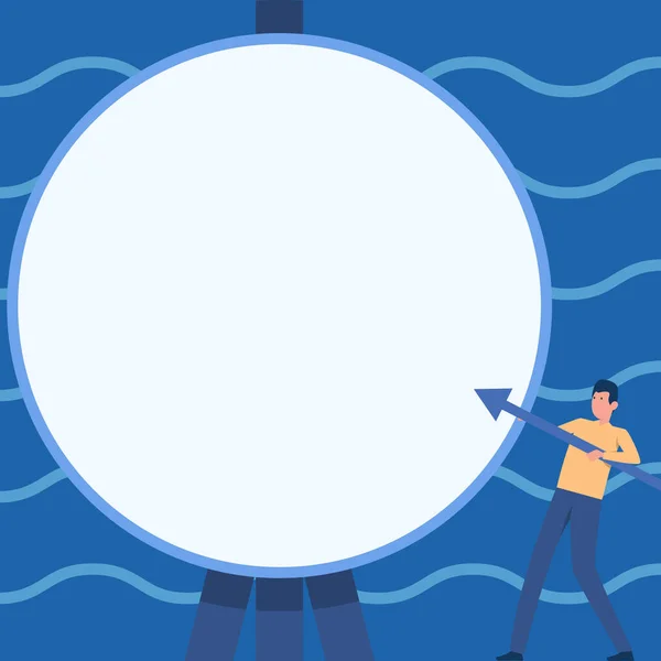 Man Drawing Standing Holding Large Arrow Pointing Towards Big Circular Target On Tripod. Gentleman Design Carrying Large Bolt Points To Large Round Thing. — Vector de stock