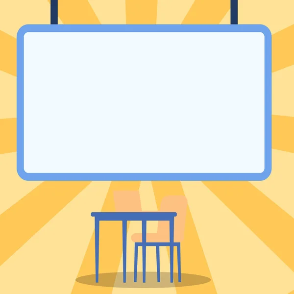 Tomma Whiteboard ritning med bärbar dator placeras på toppen av bordet med stol. Tomma styrelsen design med dator skrivbord och säte visar tom skrivyta. — Stock vektor