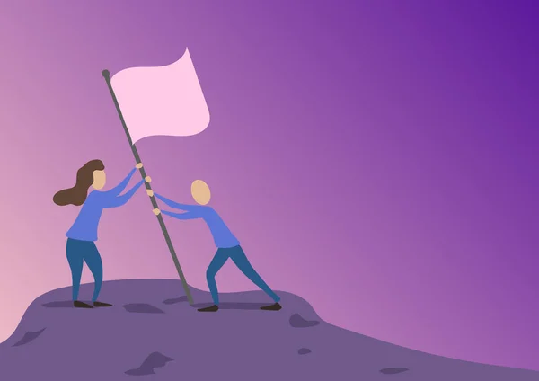 Man och kvinna ritar stående sätter upp flaggan på toppen av berget. Kollegor Design Stickande Banner Pole Hill Top Visar Mål Nå genom Teamwork. — Stock vektor