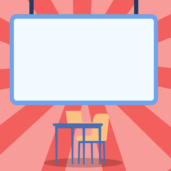 Tomma Whiteboard ritning med bärbar dator placeras på toppen av bordet med stol. Tomma styrelsen design med dator skrivbord och säte visar tom skrivyta. — Stock vektor
