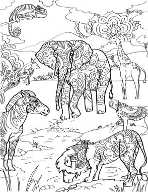 Aslan Zebra Gölü 'nün yanındaki farklı hayvanlar kanguru zürafa fil renksiz çizgi çiziyor. Çok sayıda vahşi yaratık bukalemun buharında dinleniyor Büyük Kediler At Boyama Kitabı Sayfası.
