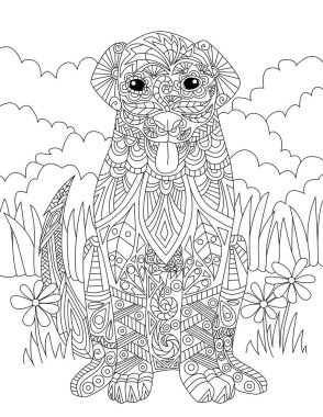 Mutlu Köpek Oturma Yüzü Uzun Çimen Arkaplan Renksiz Çizgi Çiziyor. Köpek Arkadaş Çimen Sahası Boyama Kitabı Sayfasında Dil Oturuyor.