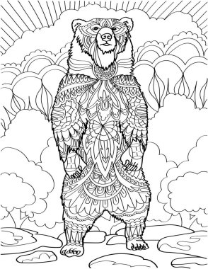 Orman Ağaçları Arkaplan Renksiz Çizgili Büyük Ayı Ayakta Kokan Hava. Büyük Boz Ayı Orman Arkaplanı Boyama Kitabı Sayfasında Düz Duruyor.