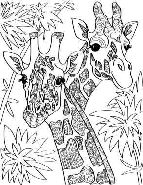 İki zürafa kafa, her iki tarafa da bakıyor. Uzun ağaçlar renksiz çizgiler çiziyor. Zürafa, Yapraklar Arkaplan Boyalı Uzun Boyunlar Kitap Sayfası.