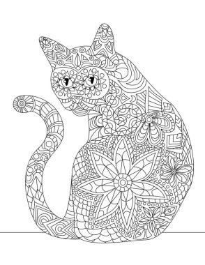 Evcilleştirilmiş Kedi, uzun kuyruklu, renksiz çizgi çizerek geriye bakıyor. Küçük Kedi Oturmuş Renkli Kitap Sayfasının Arkasına Bakıyor.