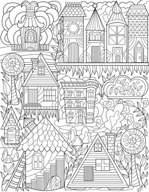 Old Town Doodle Uzun Ağaçlar Evleri Renksiz Çizgiler Çiziyor. Klasik Köy Karalama Seti Uzun Binalar Ağaç Boyama Kitabı Sayfası.