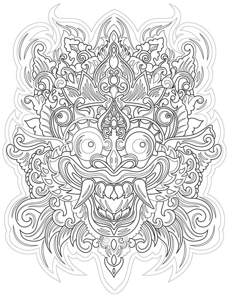 Máscara sonriente de miedo mirando hacia adelante con la corona línea incolora dibujo. Espeluznante vista frontal con colmillos para colorear página del libro. — Vector de stock