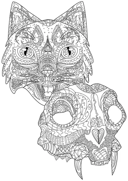 Кошачья голова лицом вперед и мертвый кошачий череп с бесцветными клыками рисунок линии. Большие головы котенка на первой странице книги раскраски. — стоковый вектор