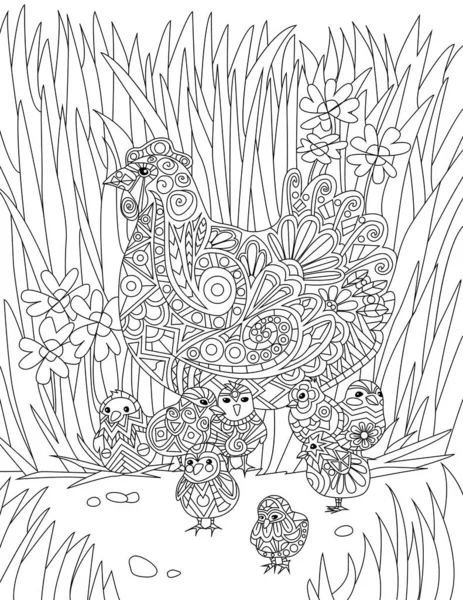 Pollo con bebés descansando en dibujos de línea incoloros de hierba alta. Bebé polluelos rodeando a la madre con flores y hojas para colorear página del libro. — Archivo Imágenes Vectoriales