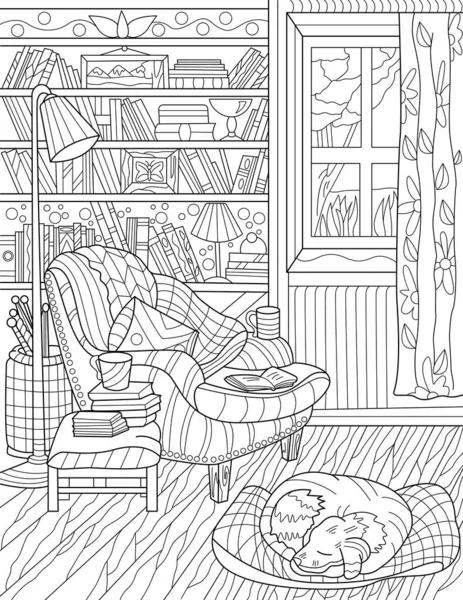 ホーム図書室チェアブックシェルフライトランプオープンウィンドウドッグスリーピング無色の線画。本がたくさんある家勉強エリア｜カウチぬりえブックページ. — ストックベクタ
