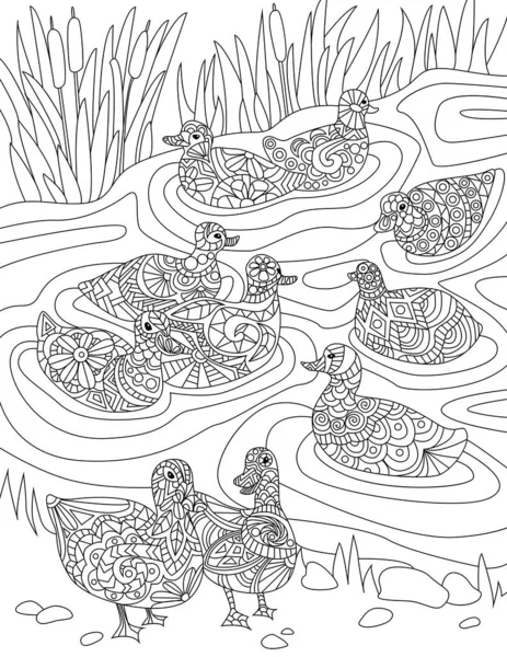 Flock Of Ducks Swimming In Pond Water With Tall Grass colorless Line Drawing. 《 월 스트리트 저널 》 ( 영어 ). 호수에서 책을 찾는 다양 한 야생 동물들. — 스톡 벡터