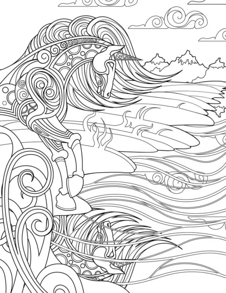 Jednorožec stojí a zírá na odraz vody na bezbarvé čáře větrného pobřeží. Mythical Horned Horse Stands Looking At River Bank Drawing Book Page. — Stockový vektor