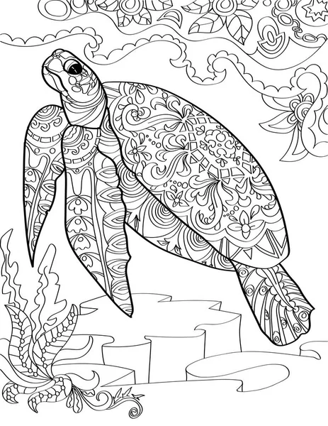 Large Sea Turtle Below The Ocean Swimming Upward Colorless Line Drawing. Huge Aquatic Tortoise Swims Up Coloring Book Page. — Stock Vector