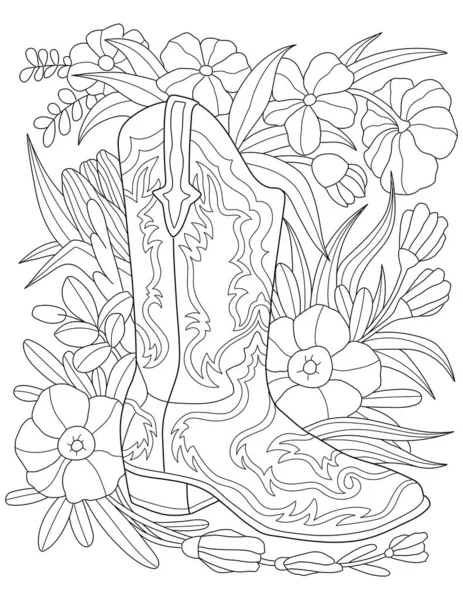 Pojedynczy Boot umieszczony na tle kwiatowym Bezbarwny rysunek linii. Jeden but obok kwiatów i liści kolorowanki. — Wektor stockowy