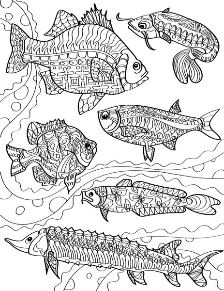 Různé mořské ryby plavání proti proudu bezbarvé čáry kreslení. Společenství ryb plave pod hladinou moře omalovánky stránka. — Stockový vektor