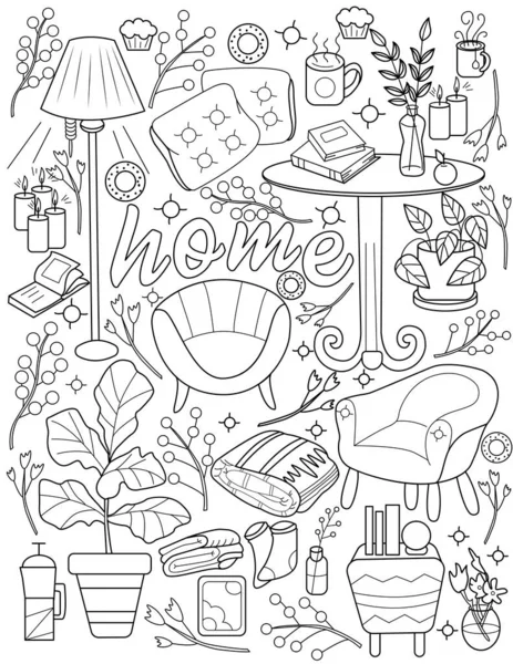 House Furniture Line Drawing Tables Chairs Pillows Stand Lamp Plant Pot Desk. Living Room Furnishing Chairs Coloring Book Page. — Stock Vector