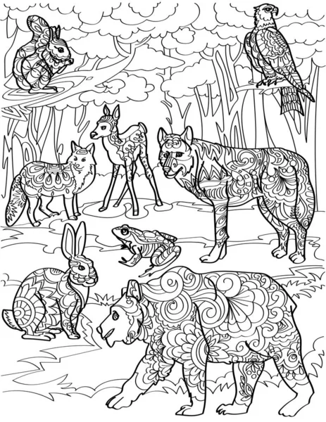 Diferentes criaturas del bosque ciervo zorro lobo oso conejo con árbol fondo línea de dibujo. Múltiples animales salvajes rana águila en selva telón de fondo para colorear página del libro. — Vector de stock