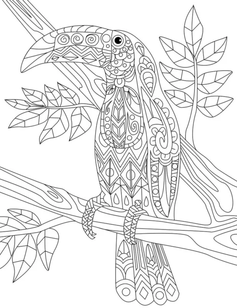 Macaw Resting On A Tree Branch With Small Leaves Colorless Line Drawing. Small Toucan Staying On Twig Coloring Book Page. — Stock Vector