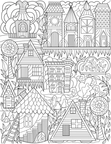Old Town Doodle Árboles altos Casas Dibujo de línea incoloro. Classic Village Doodling Set Edificios altos Casa Árbol Libro para colorear Página. — Archivo Imágenes Vectoriales