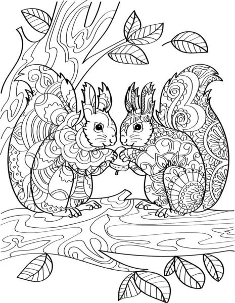 两只松鼠站在树梢上,用树叶线画着橡子.花栗鼠面对面在森林木材着色本上吃坚果. — 图库矢量图片