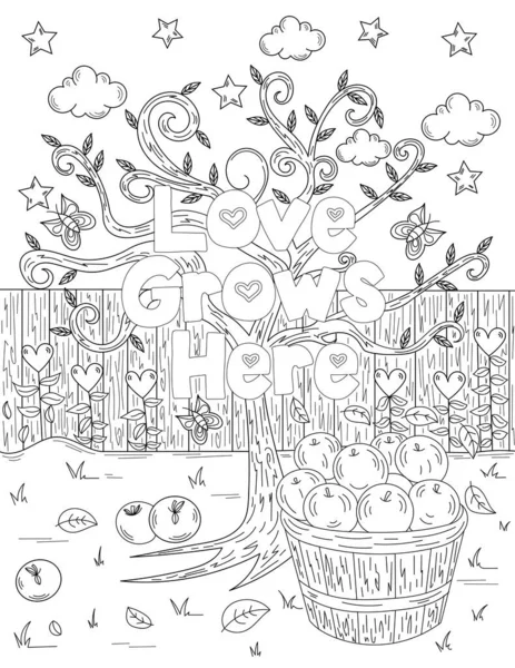 L'albero di mele accanto a un secchio pieno di frutta lascia nuvole stelle incolore linea di disegno. Sappling Con Poche Foglie Frutta Basket Disegno da colorare Book Page. — Vettoriale Stock